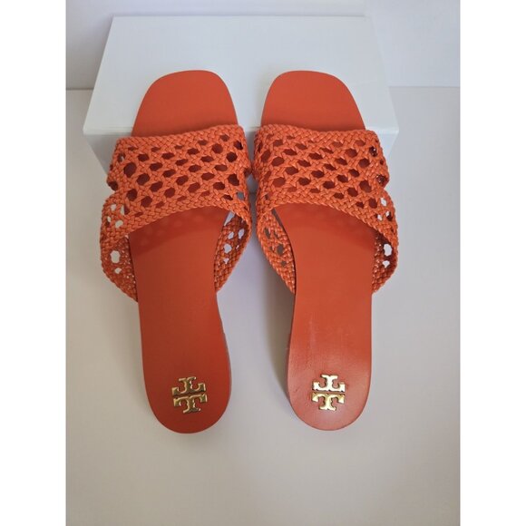 Tory Burch Orange Woven Braided Dessert Flower Leather Slip On Slide Sandals 10 - Picture 10 of 16
